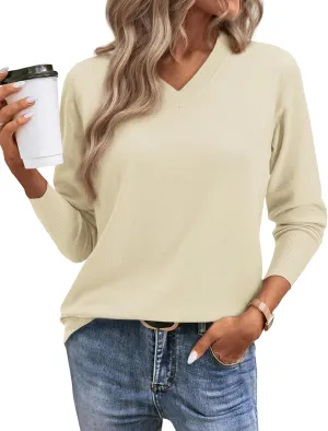 2025 Women's Sweaters Knitted Ribbed Casual Thin Long Sleeve Pullover V Neck Lightweight Sweatshirts Cute Blouse Tops