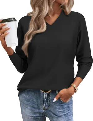 2025 Women's Sweaters Knitted Ribbed Casual Thin Long Sleeve Pullover V Neck Lightweight Sweatshirts Cute Blouse Tops