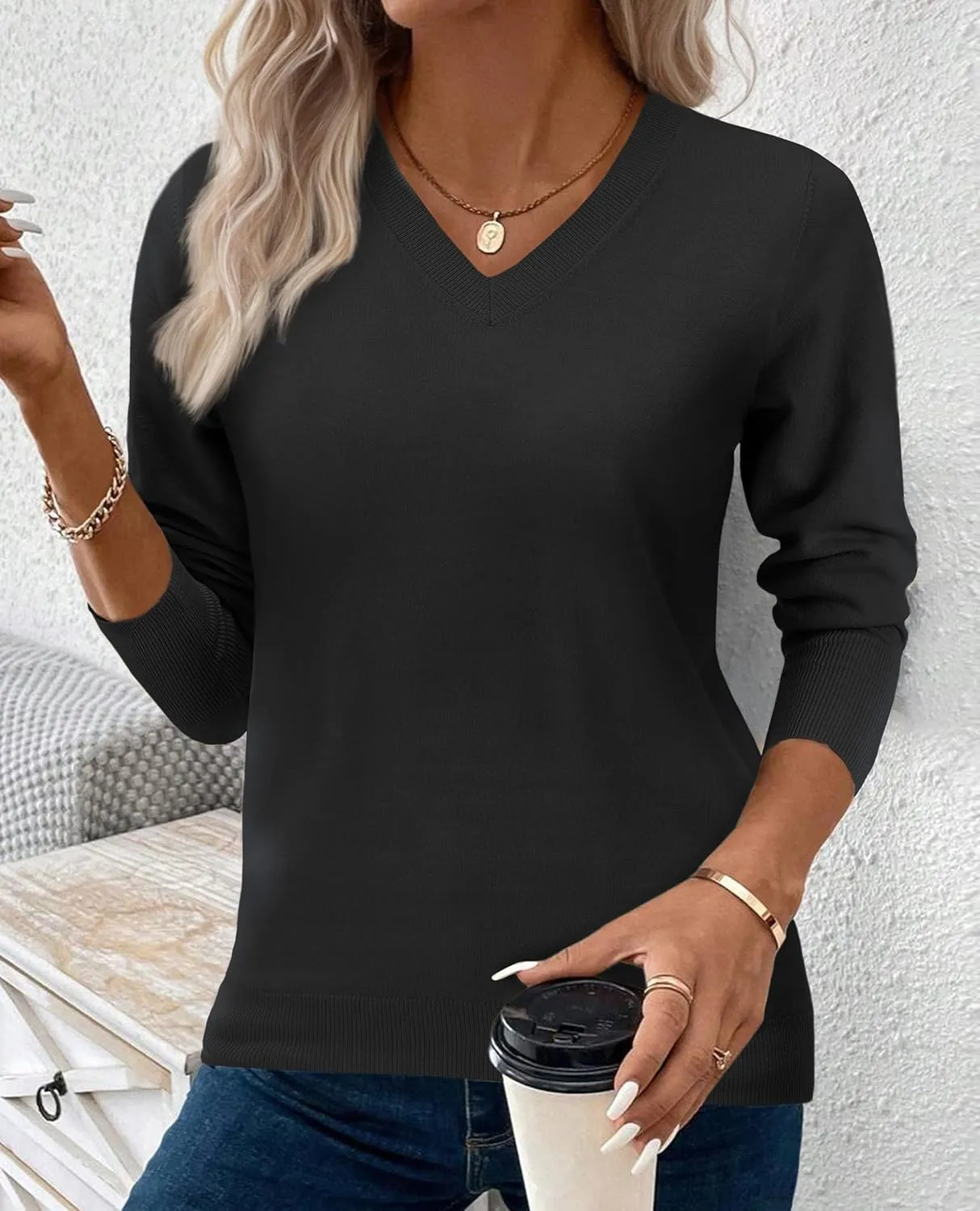 2025 Women's Sweaters Knitted Ribbed Casual Thin Long Sleeve Pullover V Neck Lightweight Sweatshirts Cute Blouse Tops