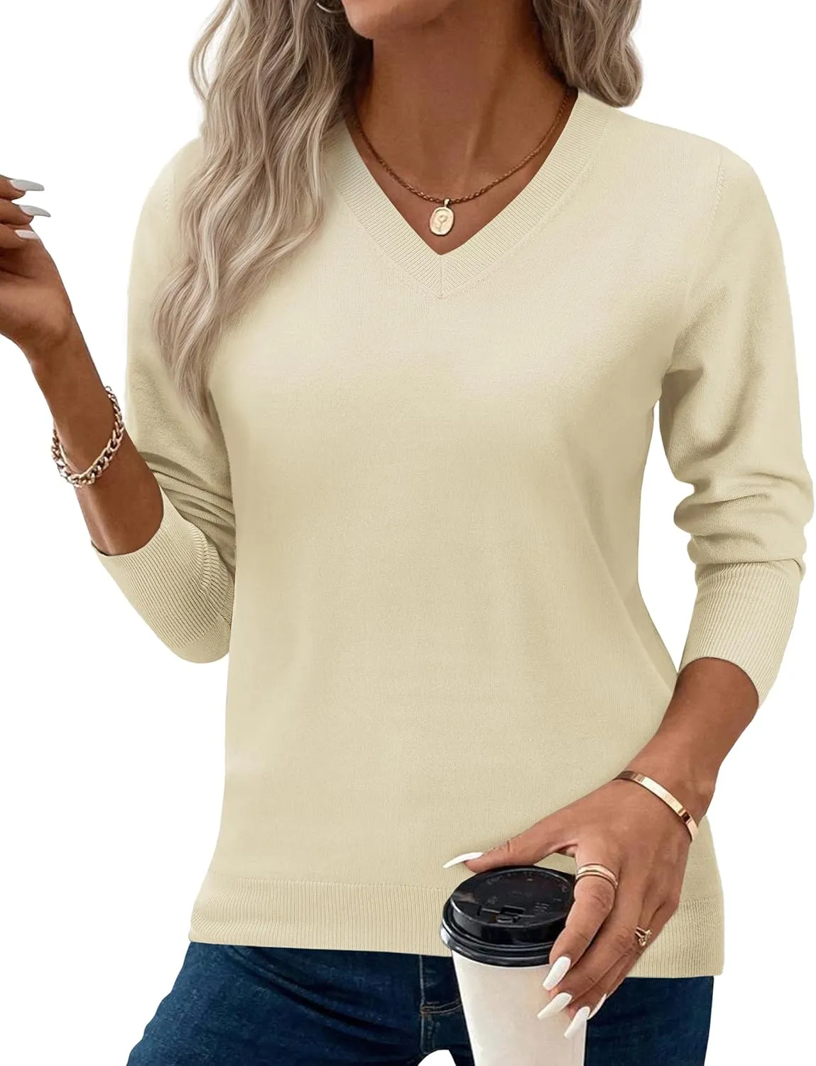 2025 Women's Sweaters Knitted Ribbed Casual Thin Long Sleeve Pullover V Neck Lightweight Sweatshirts Cute Blouse Tops