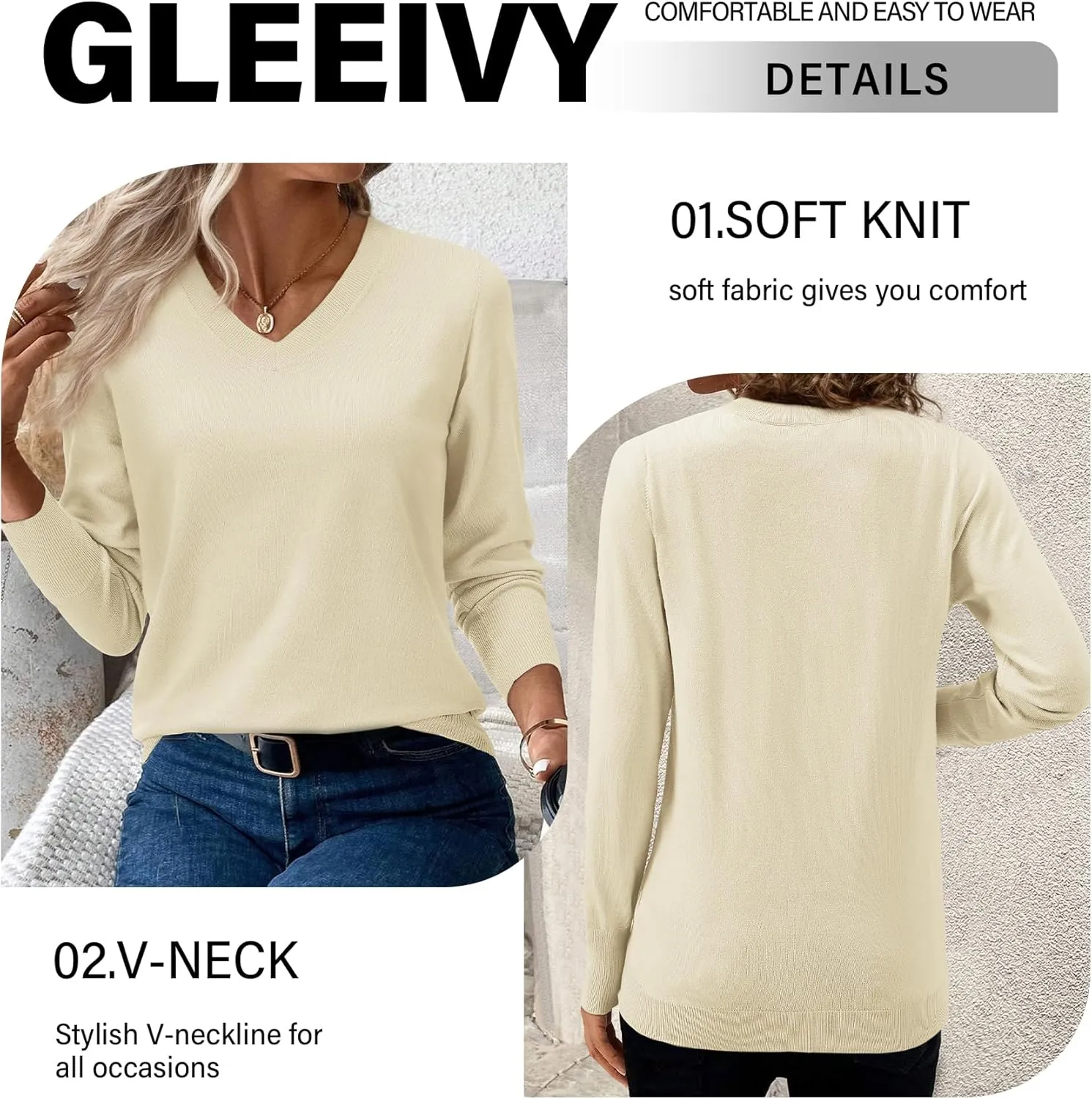 2025 Women's Sweaters Knitted Ribbed Casual Thin Long Sleeve Pullover V Neck Lightweight Sweatshirts Cute Blouse Tops