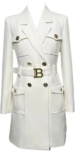 Alloaone Woman Blazer Waist Slim Double Breasted Belt Jacket Spring Fall Solid Elegant Office Dress