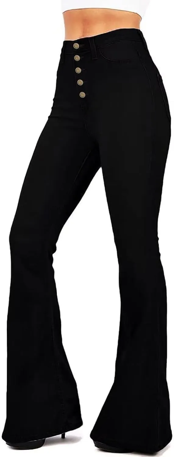 AMRSPENG Women's Black Bell Bottom Jeans: High Waist Flare Bootcut Stretch Slimming Jeans for Women