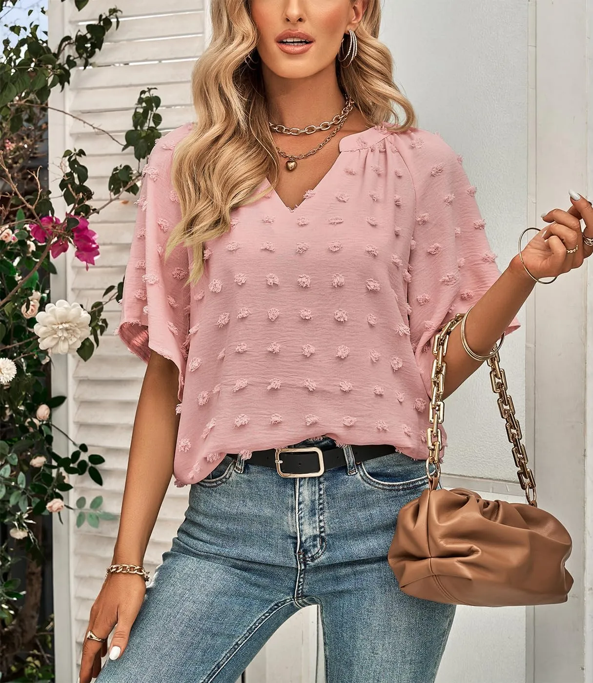ARJOSA Women's Summer 3/4 Flutter Sleeve Chiffon Work Blouses Business Casual Babydoll Tops Dressy