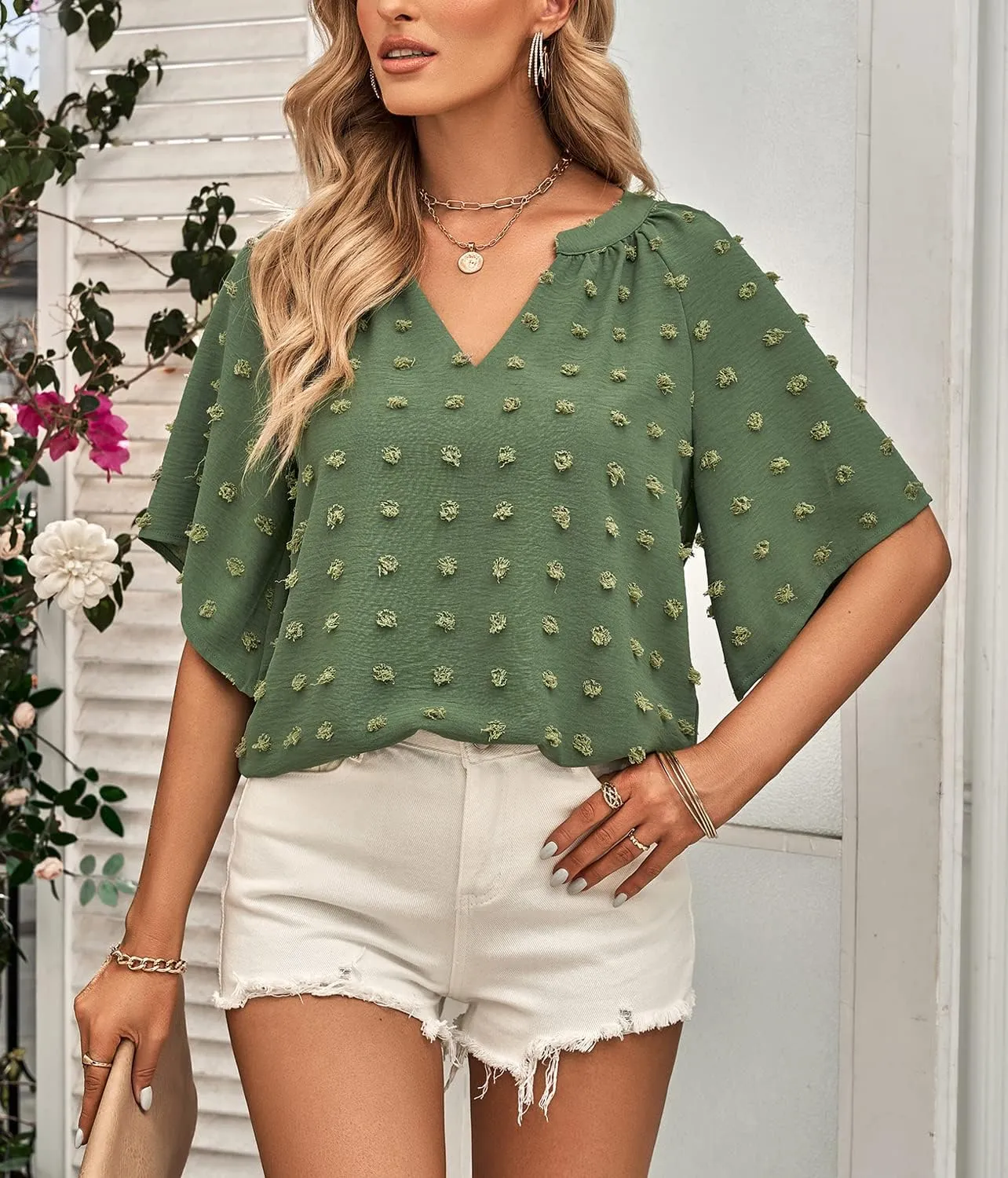 ARJOSA Women's Summer 3/4 Flutter Sleeve Chiffon Work Blouses Business Casual Babydoll Tops Dressy