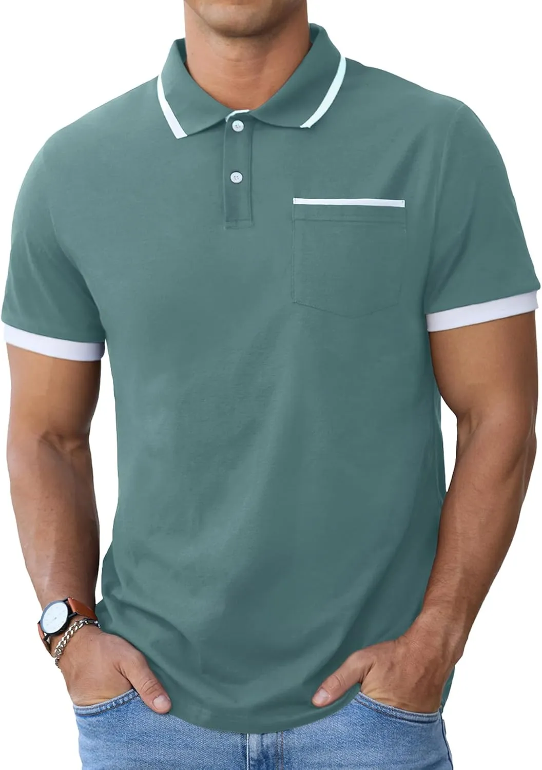 Askdeer Men's Polo Shirts Cotton Short Sleeve Polo T Shirt Classic Casual Golf Collar Tee with Pocket