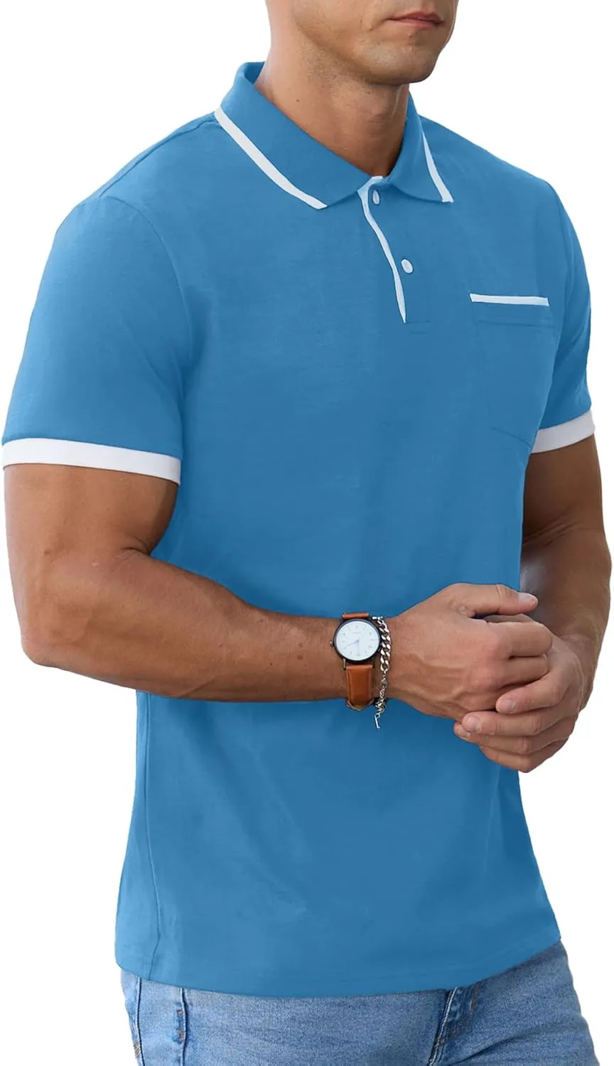 Askdeer Men's Polo Shirts Cotton Short Sleeve Polo T Shirt Classic Casual Golf Collar Tee with Pocket