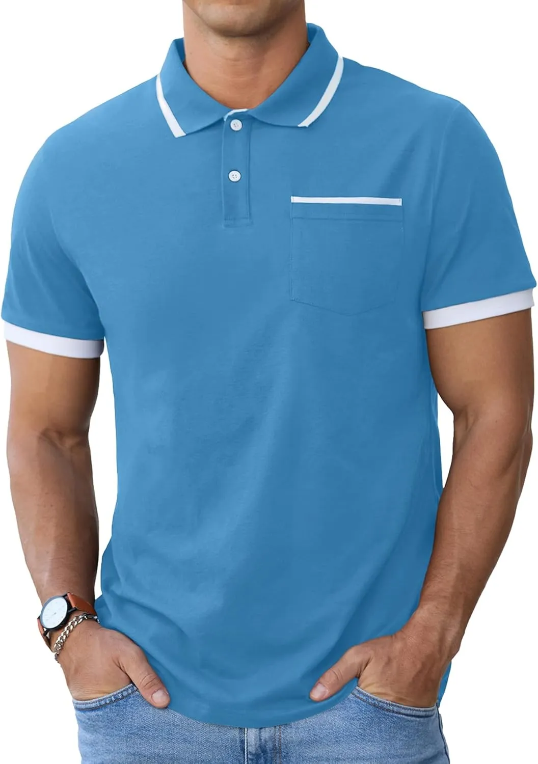 Askdeer Men's Polo Shirts Cotton Short Sleeve Polo T Shirt Classic Casual Golf Collar Tee with Pocket