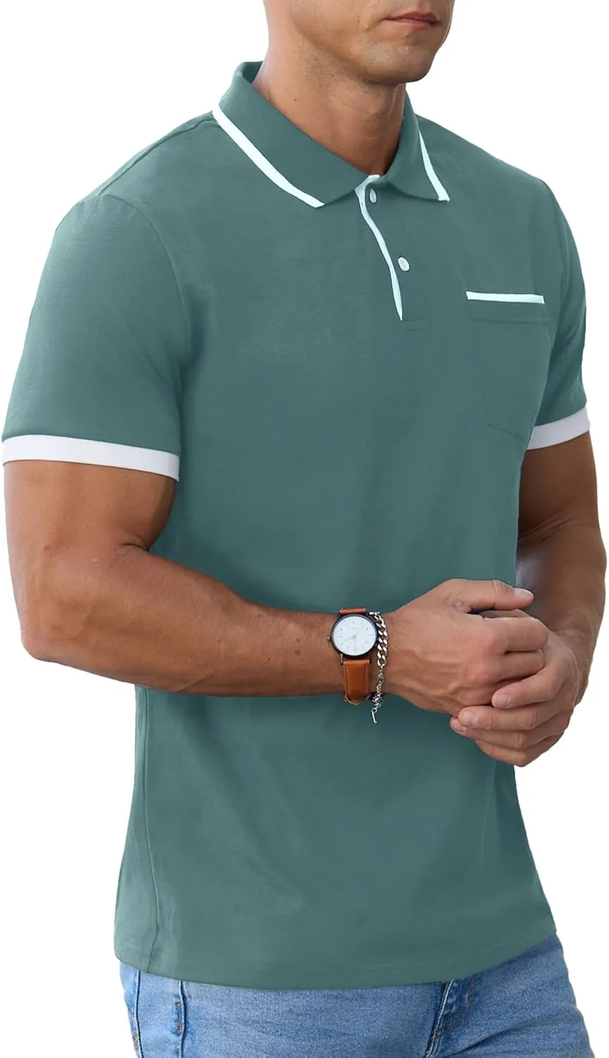 Askdeer Men's Polo Shirts Cotton Short Sleeve Polo T Shirt Classic Casual Golf Collar Tee with Pocket