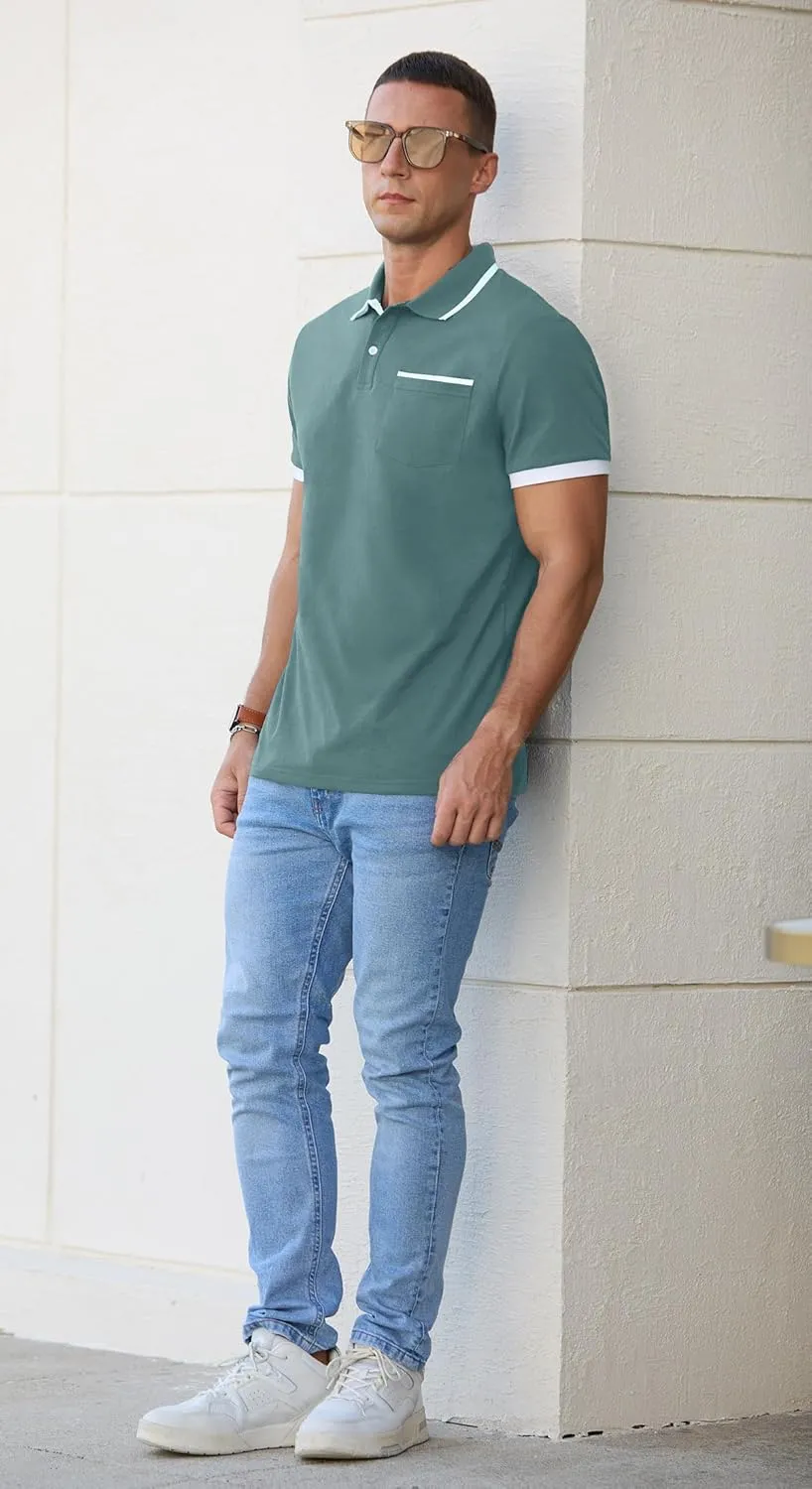 Askdeer Men's Polo Shirts Cotton Short Sleeve Polo T Shirt Classic Casual Golf Collar Tee with Pocket
