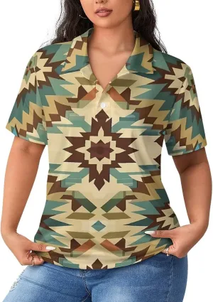 Aztec Style Vintage Bohemian Women's Polo Shirts Short Sleeve Golf Shirts Casual Athletic Tennis Tops Summer Blouses