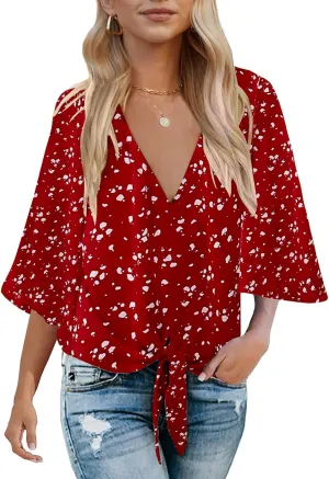 Bluetime Womens Summer Tops Boho 3/4 Sleeve V Neck Tie Front Shirts Casual Floral Blouses