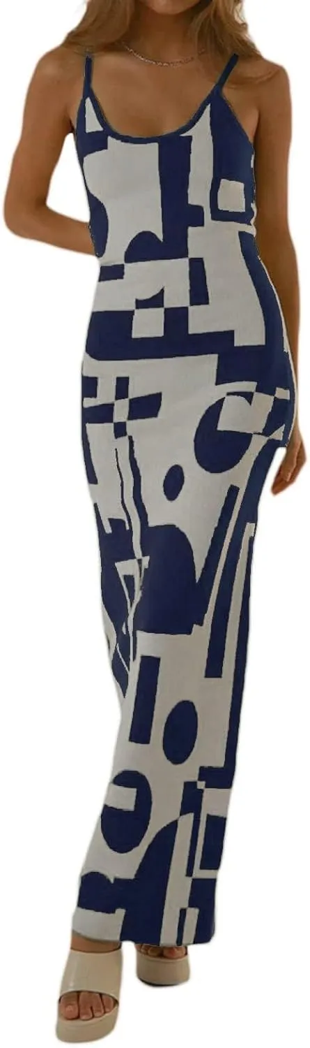 Bodycon Dresses for Women Summer Knit Hollow Out Sexy Night Out Midi Maxi Dress Sleeveless Long Cut Out Dress