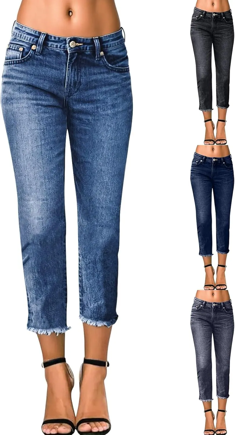 Capri Jeans for Women Stretch Crop Mid Rise Skinny Jeans Button Fly Raw Hem Curvy Dressy Straight Leg Denim Capris