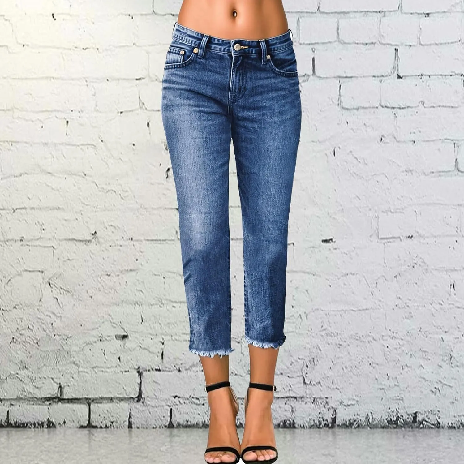Capri Jeans for Women Stretch Crop Mid Rise Skinny Jeans Button Fly Raw Hem Curvy Dressy Straight Leg Denim Capris