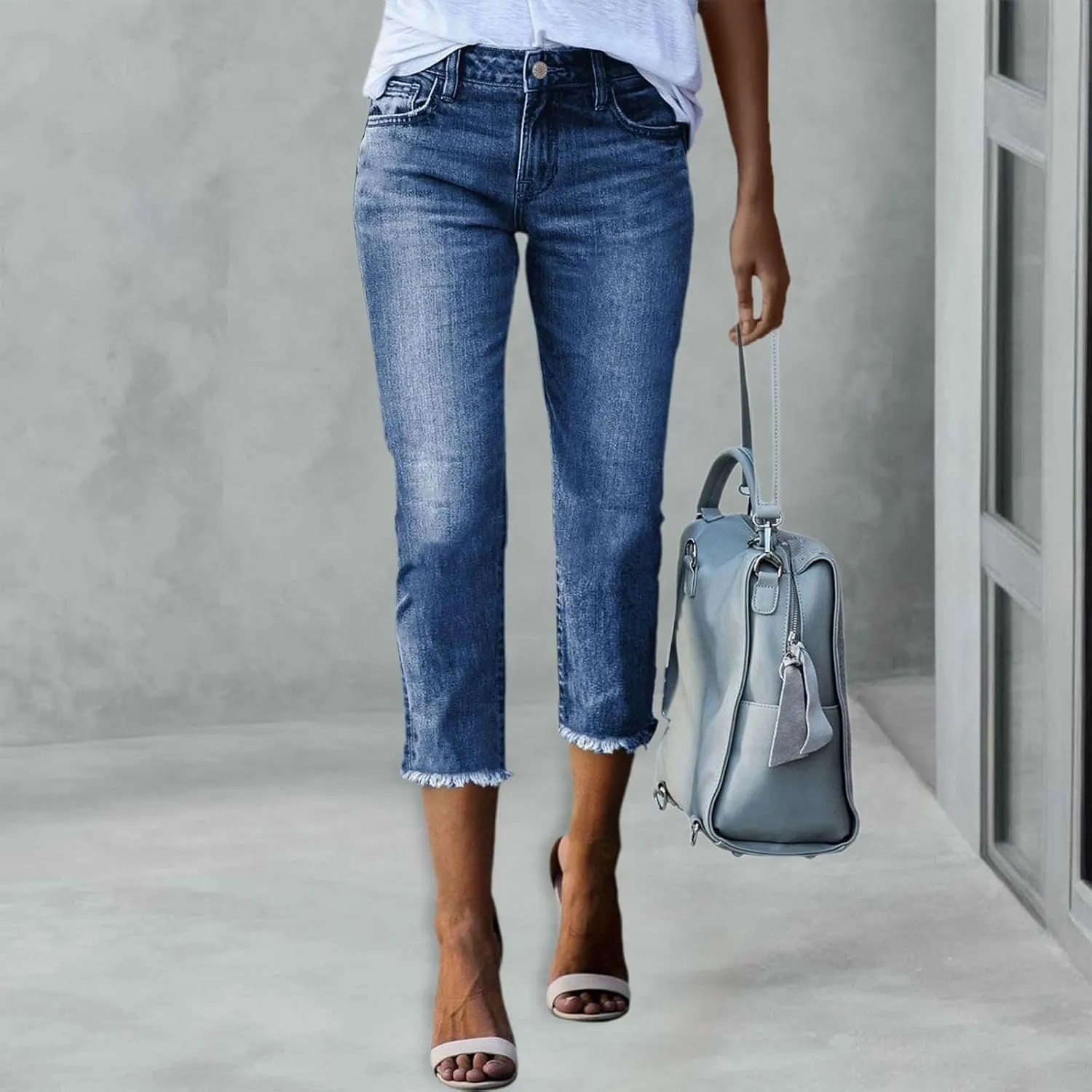 Capri Jeans for Women Stretch Crop Mid Rise Skinny Jeans Button Fly Raw Hem Curvy Dressy Straight Leg Denim Capris
