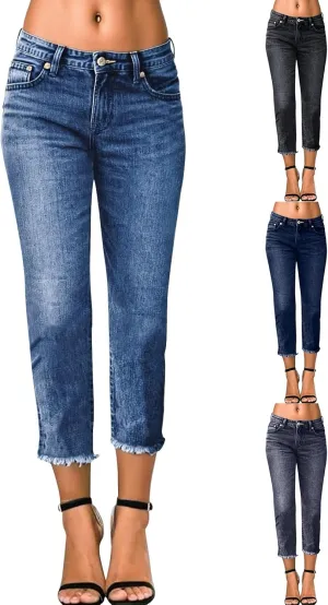 Capri Jeans for Women Stretch Crop Mid Rise Skinny Jeans Button Fly Raw Hem Curvy Dressy Straight Leg Denim Capris