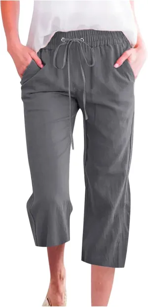 Cbcbtwo Capris Linen Pants for Women Casual Summer Straight Wide Leg Pant Loose Drawstring Elastic Waist Cropped Trouser