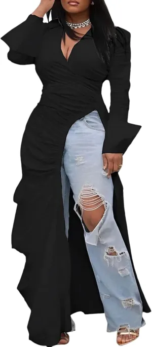 Choichic Women's Deep V Neck Ruched Long Sleeve Side Split High Low Irregular Hem Top Tunic Blouse Long Shirt Dress