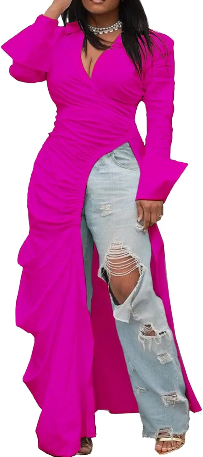 Choichic Women's Deep V Neck Ruched Long Sleeve Side Split High Low Irregular Hem Top Tunic Blouse Long Shirt Dress