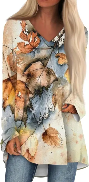 COTECRAM Women Long Sleeve Shirts V Neck Long Loose Fit Tunic Tops Casual Spring Fashion Outfits Trendy Clothes 2025