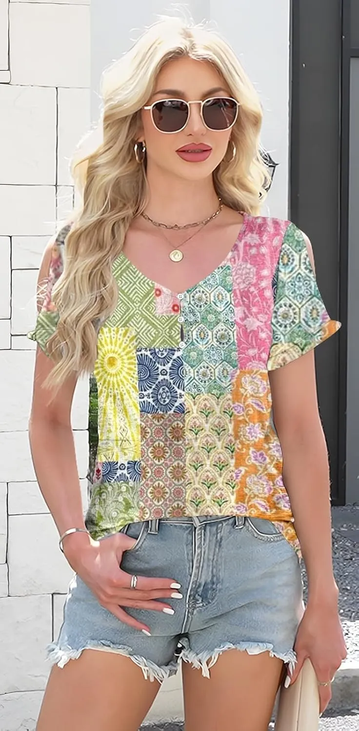 ETCYY NEW Womens Summer Tunic Tops 2025 Short Sleeve Cold Shoulder Shirts Dressy Casual Blouses