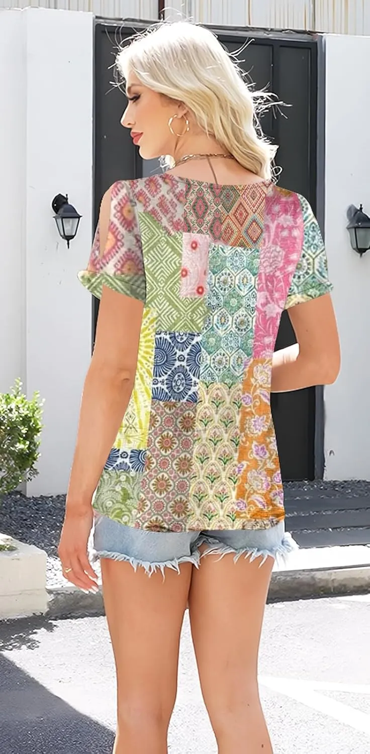 ETCYY NEW Womens Summer Tunic Tops 2025 Short Sleeve Cold Shoulder Shirts Dressy Casual Blouses