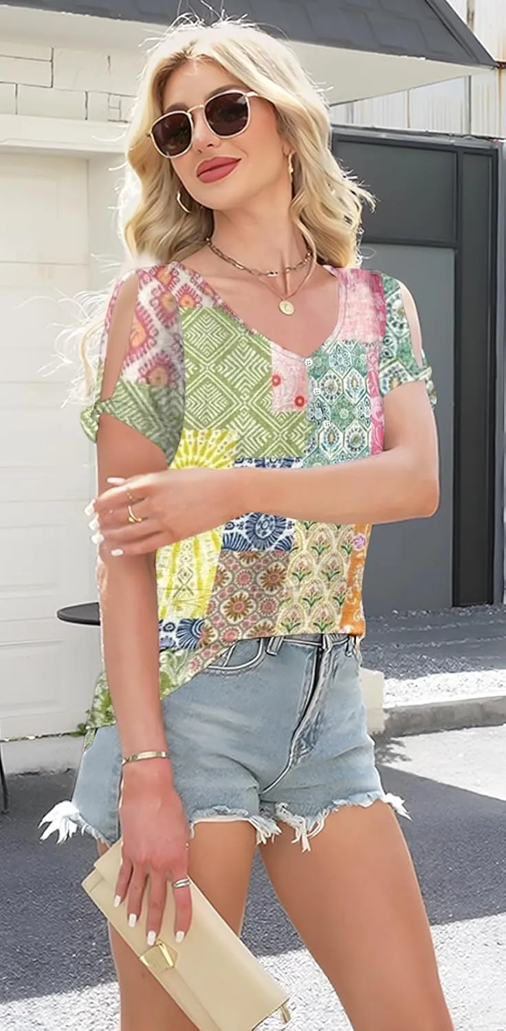ETCYY NEW Womens Summer Tunic Tops 2025 Short Sleeve Cold Shoulder Shirts Dressy Casual Blouses