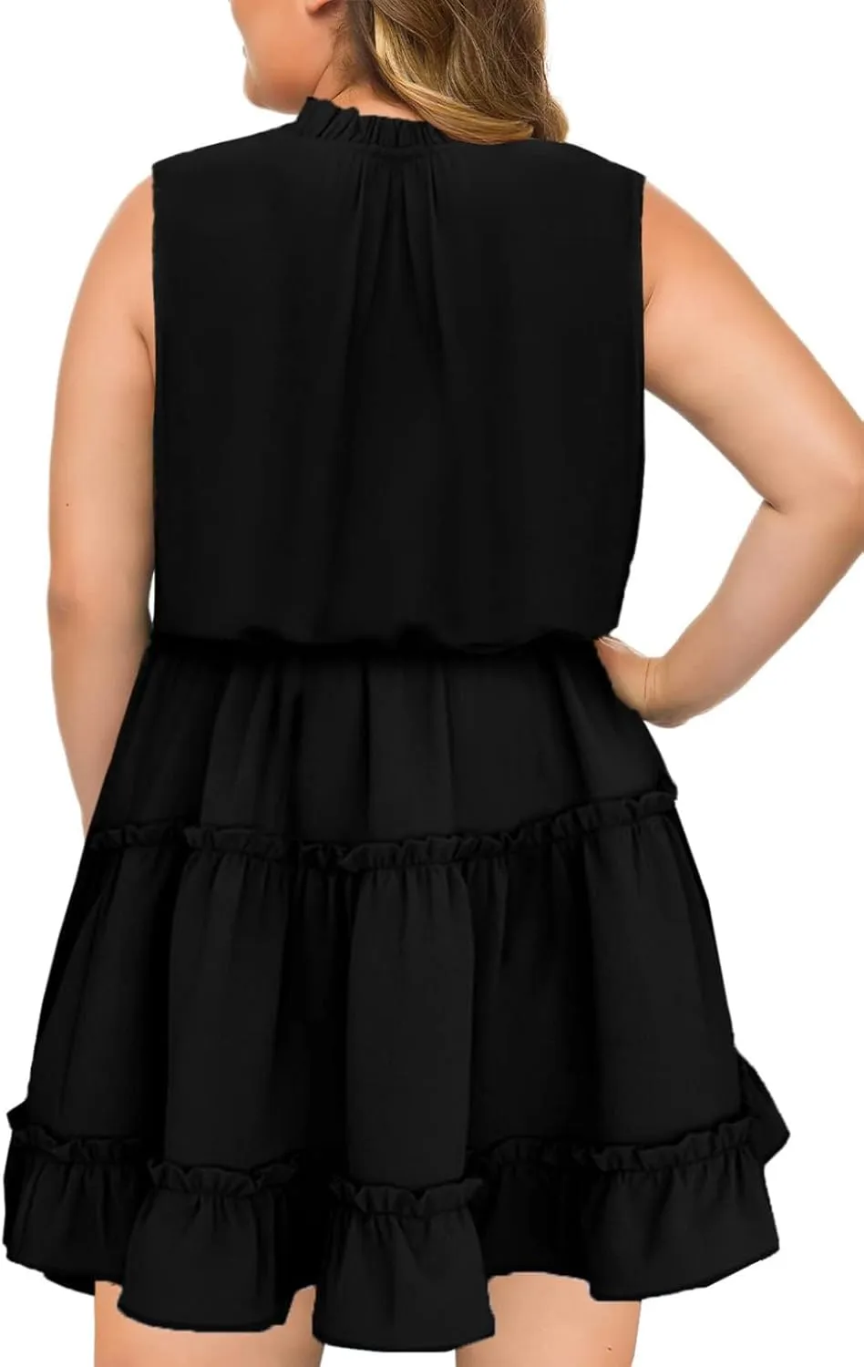 Eytino Womens Plus Size Sleeveless V Neck Drawstring Ruffle Tiered Chiffon Mini Short Dresses,(1X-5X)
