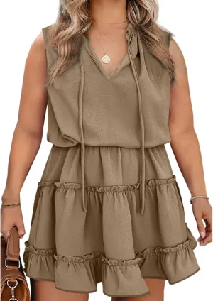 Eytino Womens Plus Size Sleeveless V Neck Drawstring Ruffle Tiered Chiffon Mini Short Dresses,(1X-5X)