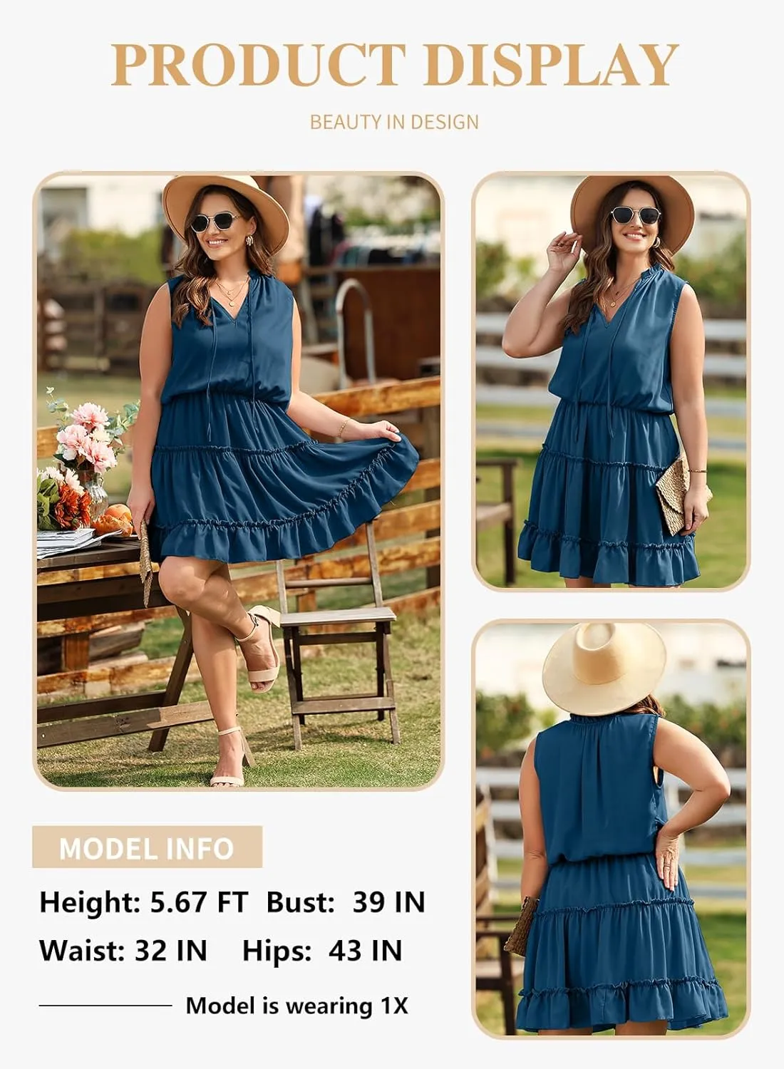 Eytino Womens Plus Size Sleeveless V Neck Drawstring Ruffle Tiered Chiffon Mini Short Dresses,(1X-5X)