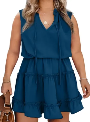 Eytino Womens Plus Size Sleeveless V Neck Drawstring Ruffle Tiered Chiffon Mini Short Dresses,(1X-5X)