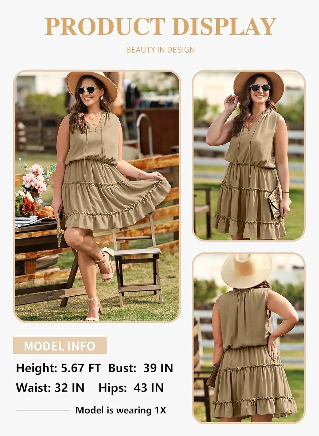 Eytino Womens Plus Size Sleeveless V Neck Drawstring Ruffle Tiered Chiffon Mini Short Dresses,(1X-5X)