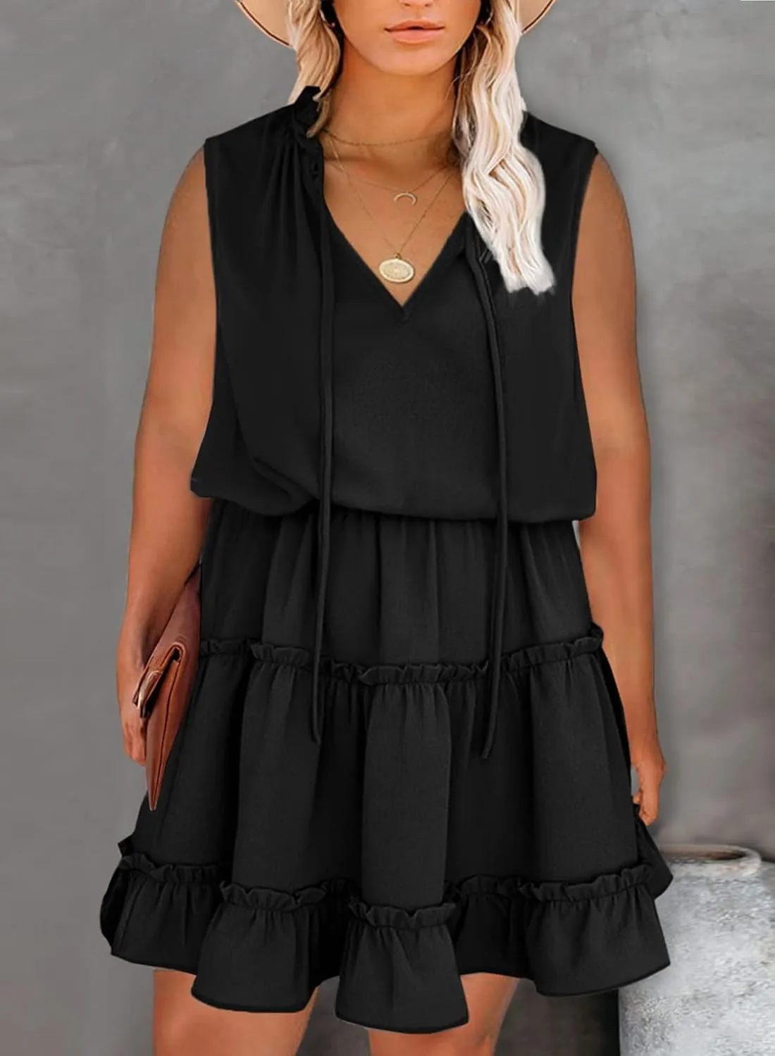 Eytino Womens Plus Size Sleeveless V Neck Drawstring Ruffle Tiered Chiffon Mini Short Dresses,(1X-5X)