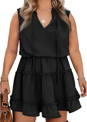 Eytino Womens Plus Size Sleeveless V Neck Drawstring Ruffle Tiered Chiffon Mini Short Dresses,(1X-5X)