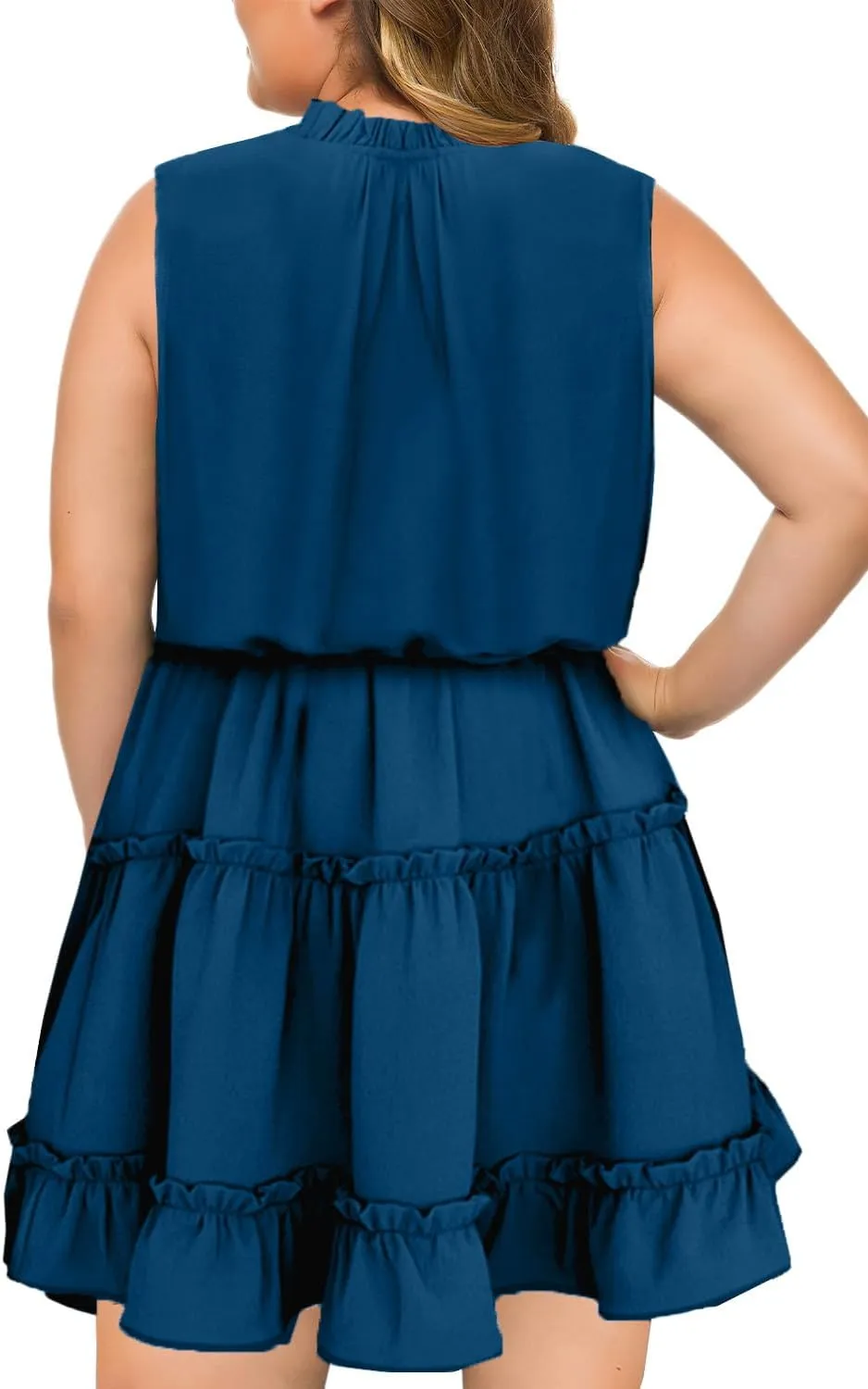 Eytino Womens Plus Size Sleeveless V Neck Drawstring Ruffle Tiered Chiffon Mini Short Dresses,(1X-5X)