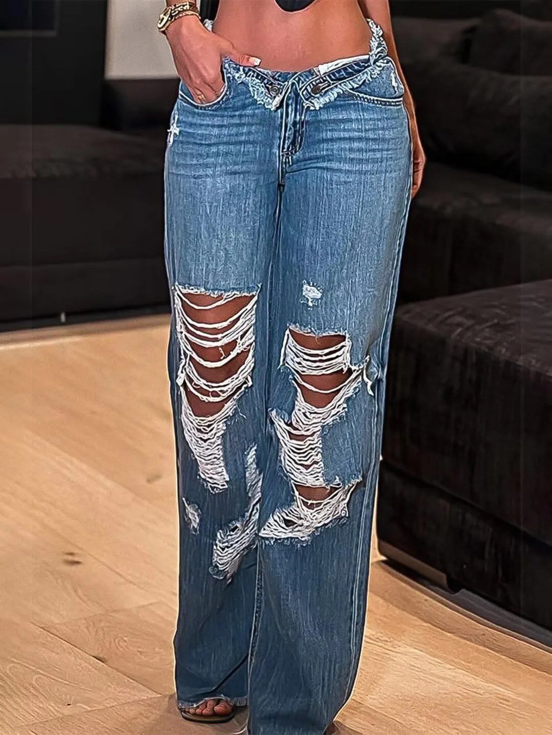 Flamingals Women's Low Waist Baggy Jeans Wide Leg Ripped Cut Out Y2K Straight Leg Denim Jeans