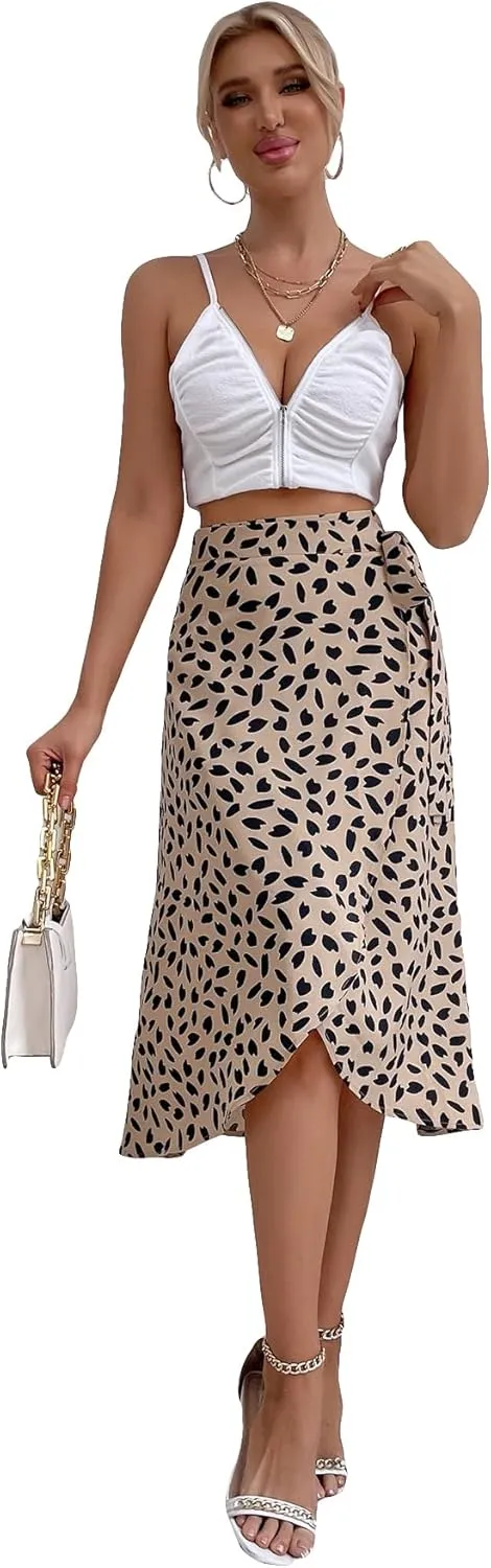 Floerns Women's Tie Side All Over Print Wrap Skirts High Waisted Asymmetrical Midi Skirts