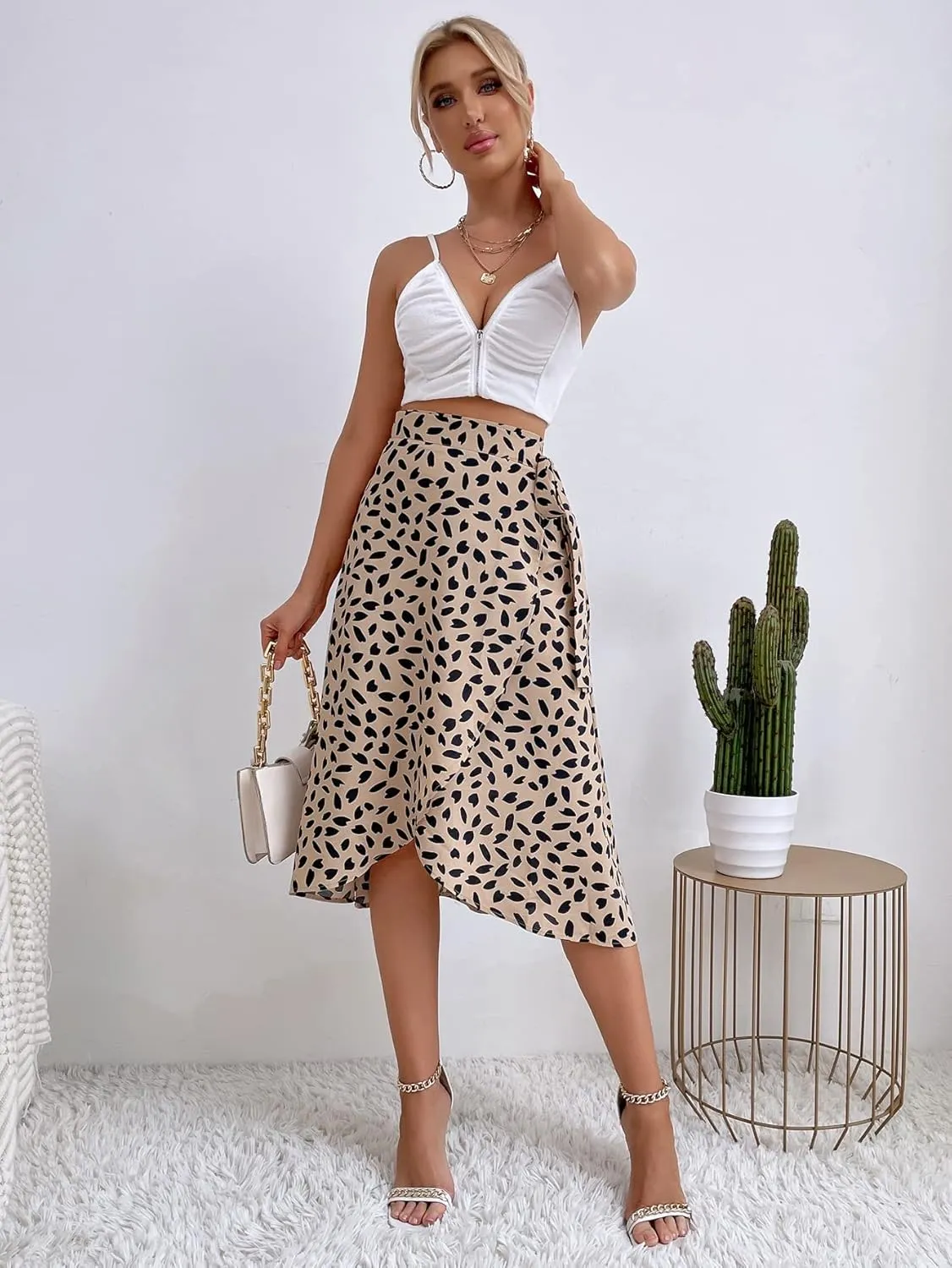 Floerns Women's Tie Side All Over Print Wrap Skirts High Waisted Asymmetrical Midi Skirts