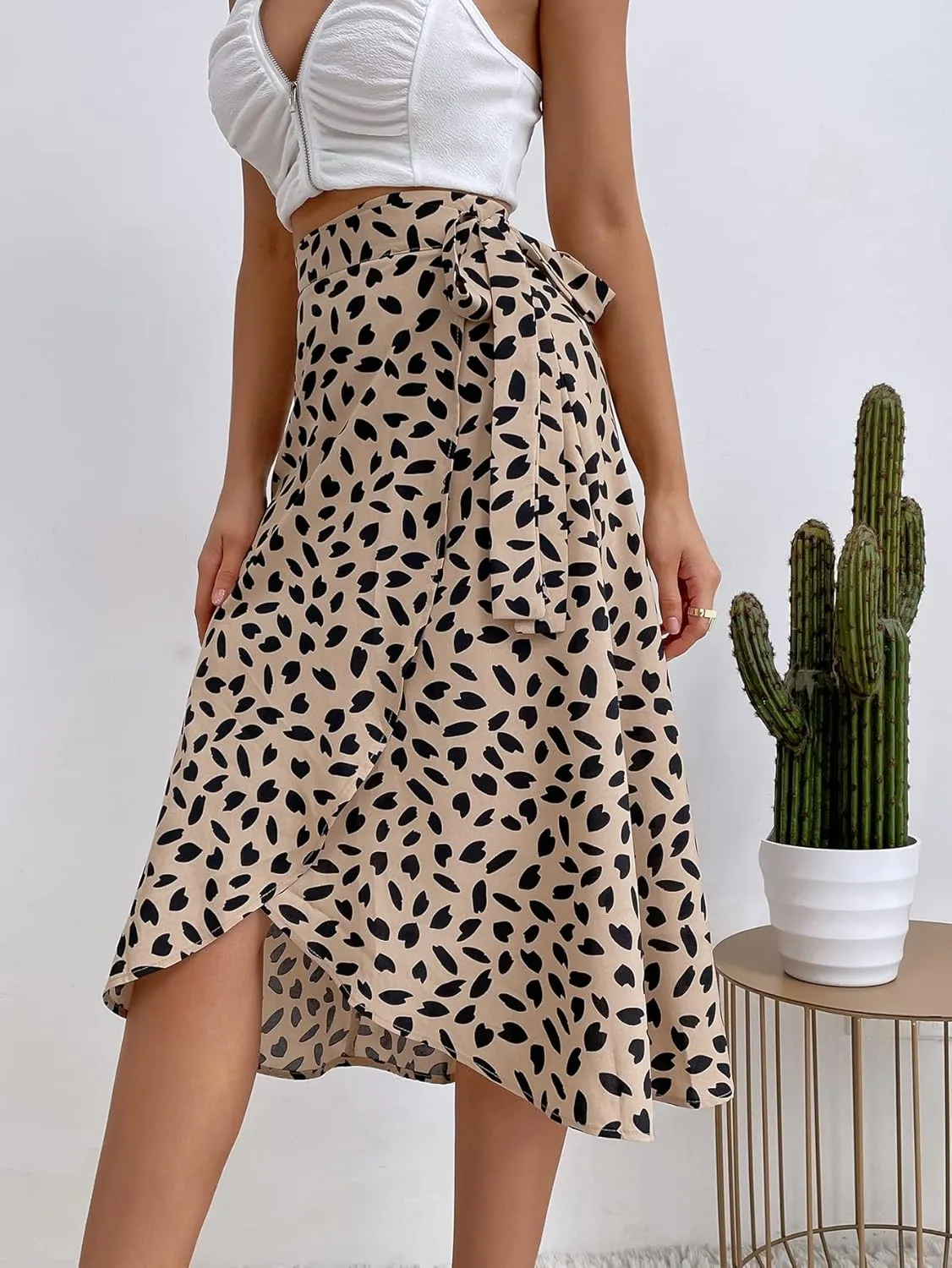 Floerns Women's Tie Side All Over Print Wrap Skirts High Waisted Asymmetrical Midi Skirts