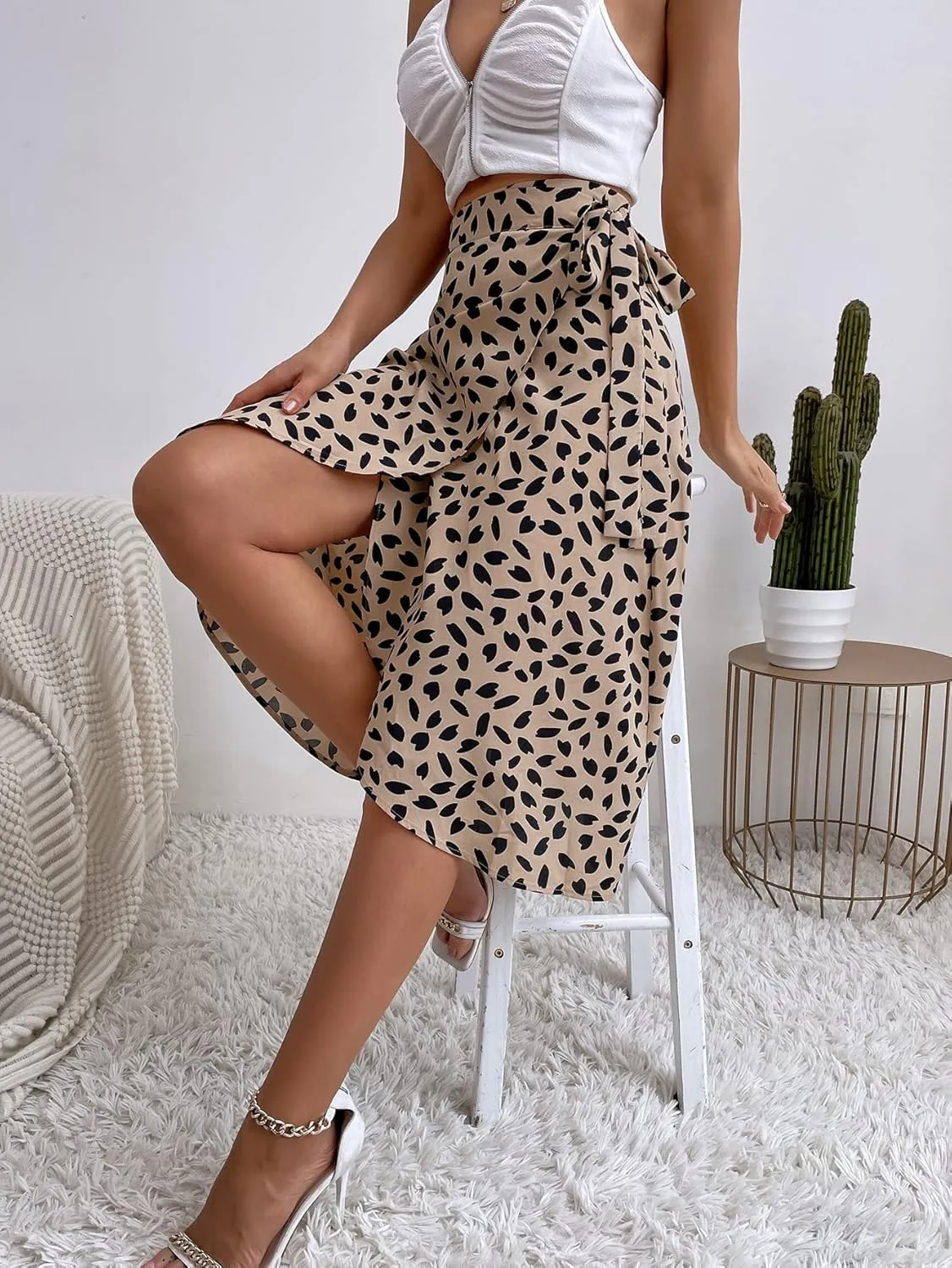 Floerns Women's Tie Side All Over Print Wrap Skirts High Waisted Asymmetrical Midi Skirts