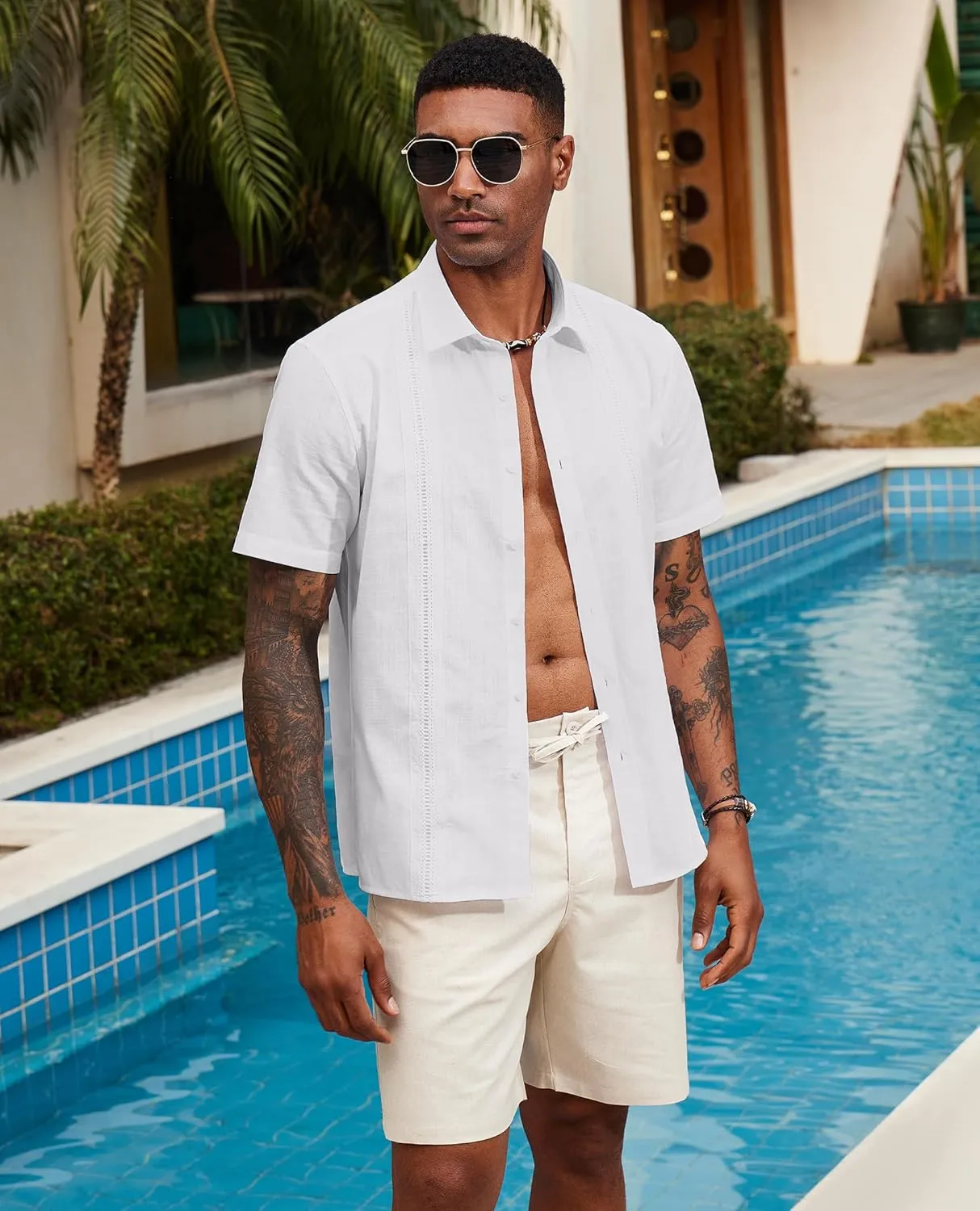 Guayabera Linen Shirts for Men Short Sleeve Button Down Shirt Hawaiian Shirt Cuban Summer Shirts Beach Shirts