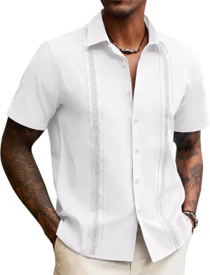 Guayabera Linen Shirts for Men Short Sleeve Button Down Shirt Hawaiian Shirt Cuban Summer Shirts Beach Shirts