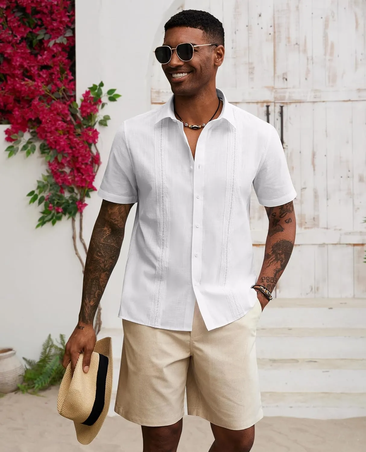 Guayabera Linen Shirts for Men Short Sleeve Button Down Shirt Hawaiian Shirt Cuban Summer Shirts Beach Shirts