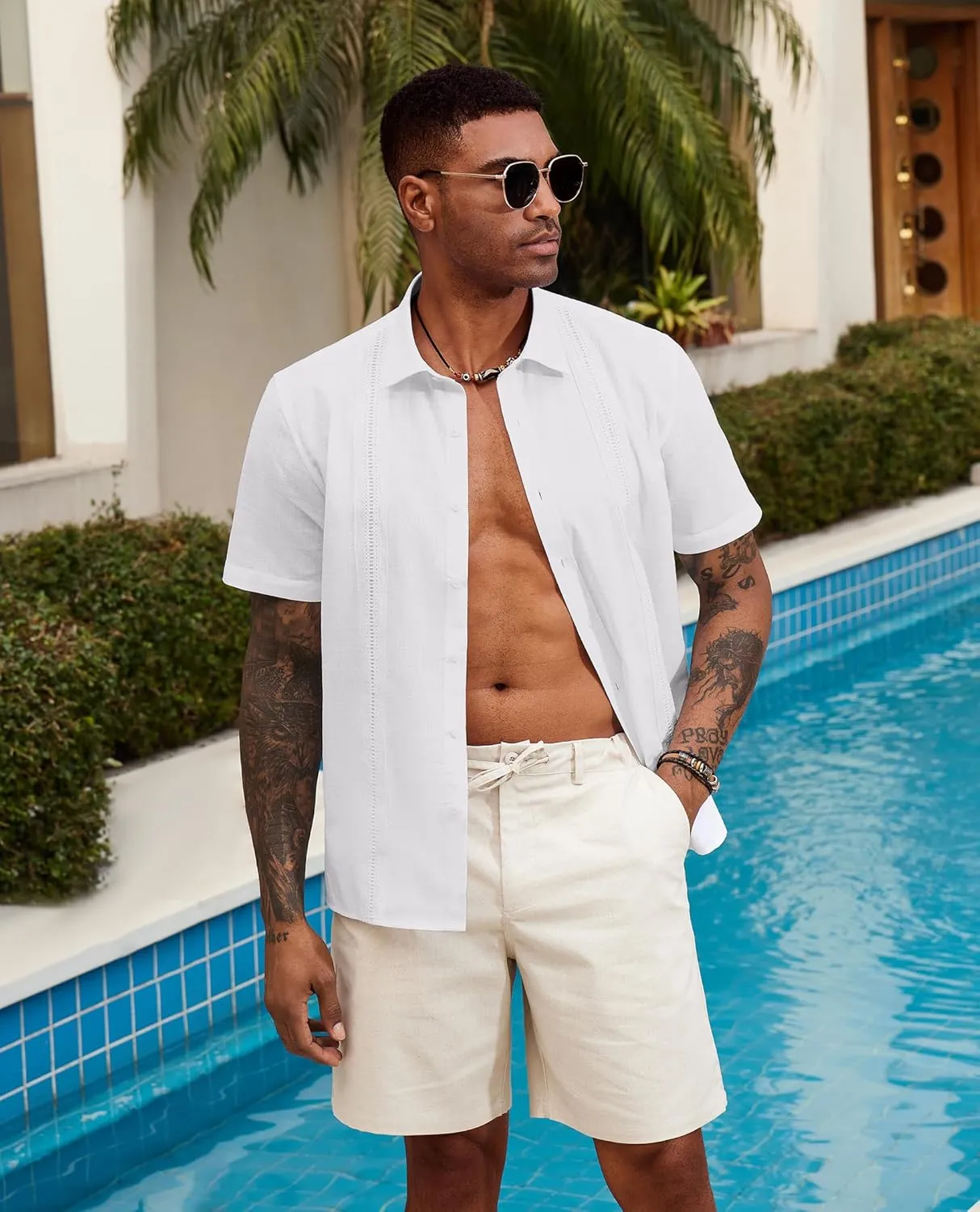 Guayabera Linen Shirts for Men Short Sleeve Button Down Shirt Hawaiian Shirt Cuban Summer Shirts Beach Shirts