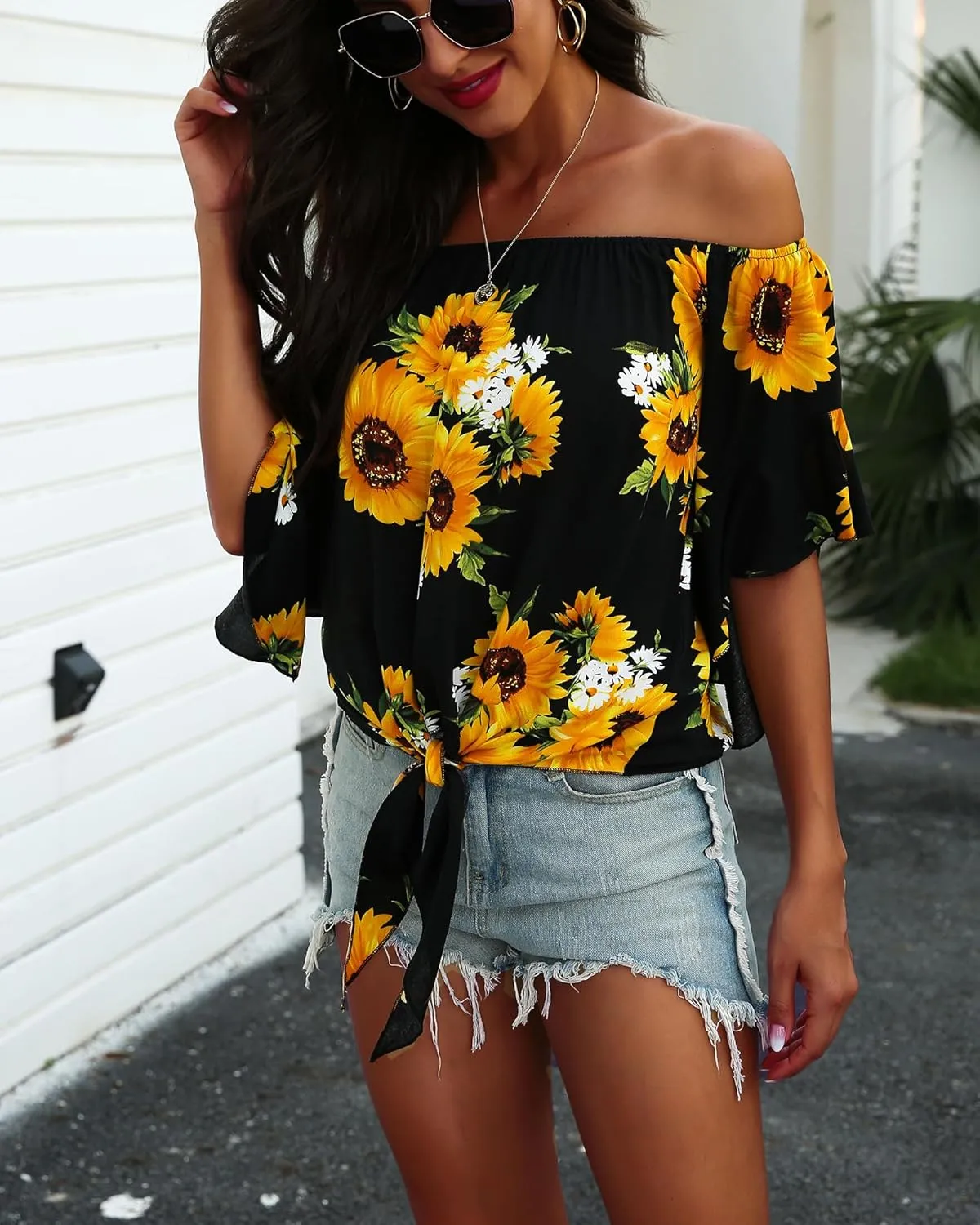 Hibluco Womens Off Shoulder Tops Sexy Floral Print Crop Tops Summer Blouses T-Shirt
