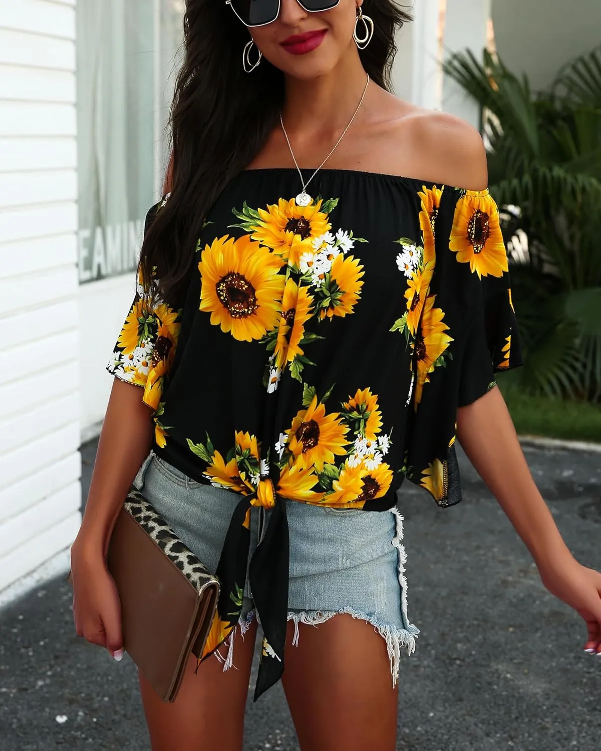 Hibluco Womens Off Shoulder Tops Sexy Floral Print Crop Tops Summer Blouses T-Shirt