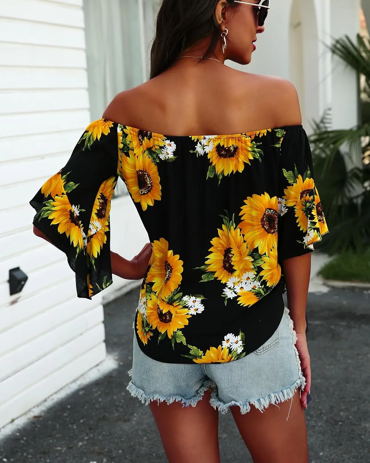 Hibluco Womens Off Shoulder Tops Sexy Floral Print Crop Tops Summer Blouses T-Shirt