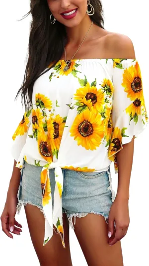 Hibluco Womens Off Shoulder Tops Sexy Floral Print Crop Tops Summer Blouses T-Shirt