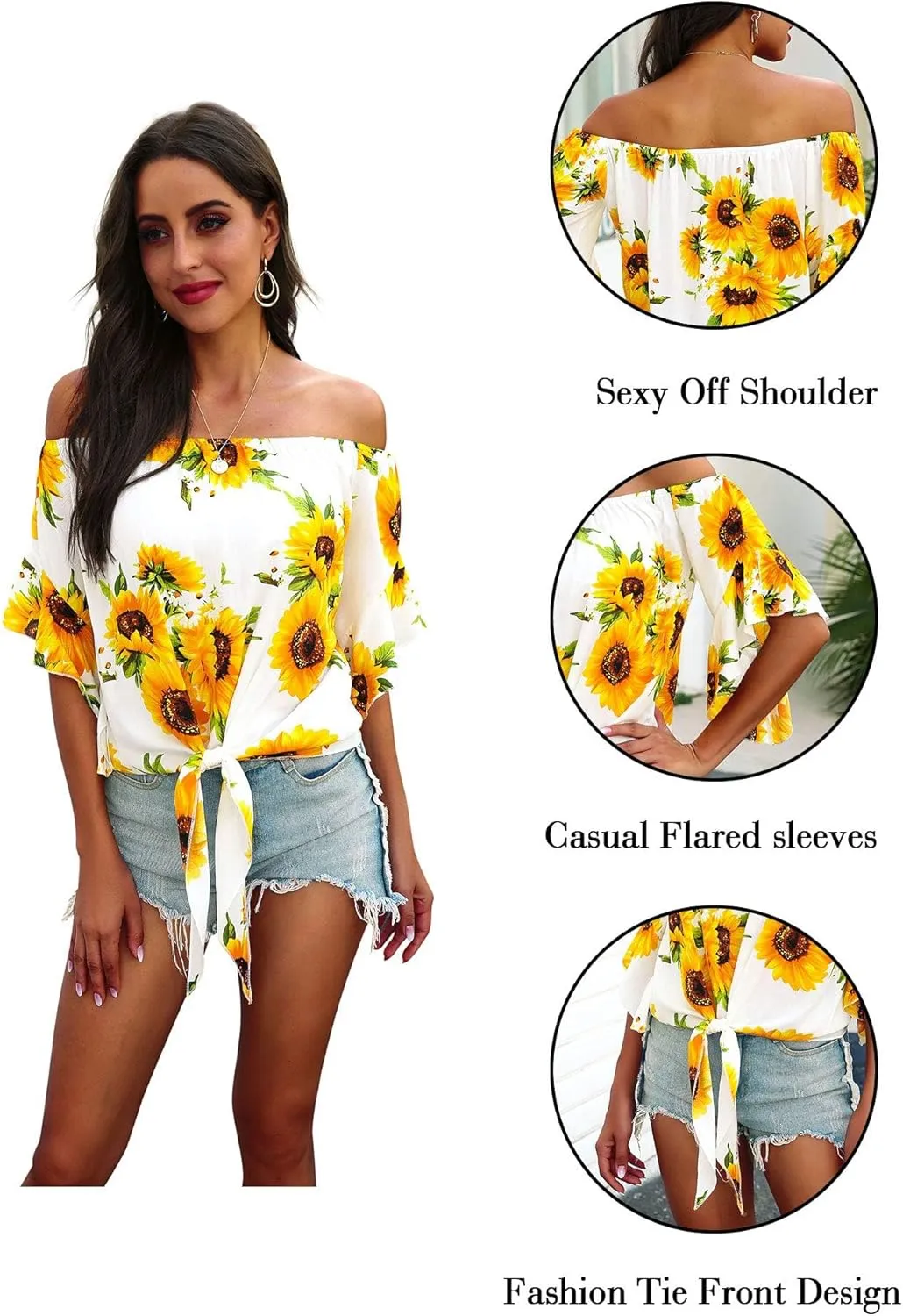 Hibluco Womens Off Shoulder Tops Sexy Floral Print Crop Tops Summer Blouses T-Shirt